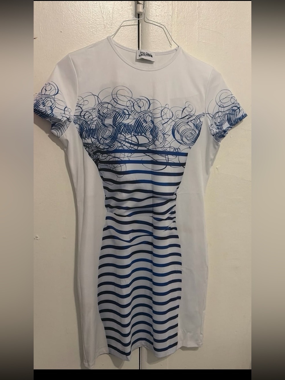 Jean Paul Gaultier White and Blue Graphic Stripe Tee Dress